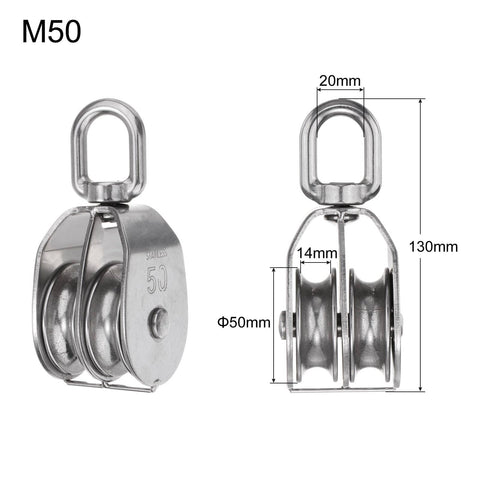 M50 Double Sheave Pulley Block 304 Stainless Steel Swivel Rigging Lifting Wheel Fixed Pulley, 400kg load, dimensions shown