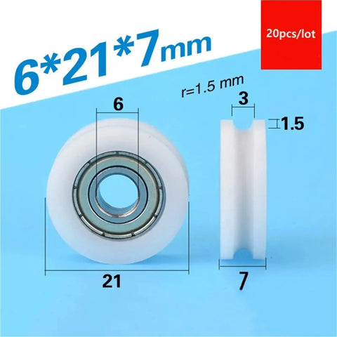 20 Pack U Groove Plastic Coated Bearings 696ZZ POM For Smooth Roller Doors And Windows With Corrosion Protection Self Lubricating Design That Slams Quietly No Greasing Needed And Lasts Way Longer, 6x21x7mm bearing dimensions shown.