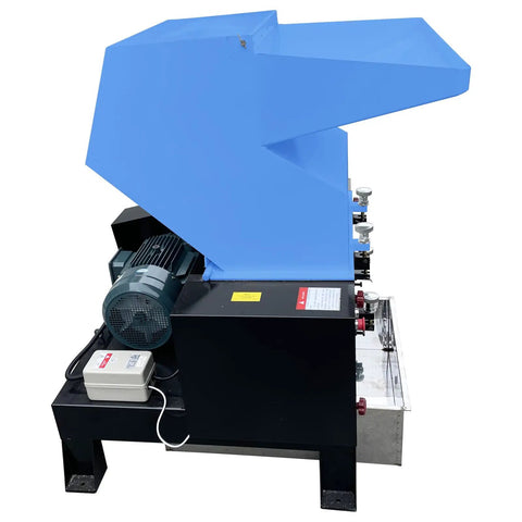 Industrial Grade Plastic Shredder And Grinder Crusher For Bottles Barrels Wood And Nylon, Heavy Duty Pulverizer, side view with blue hopper