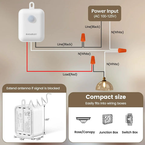 Wireless Light Switch And Receiver Kit With Decorator Rocker Wall Switch, 15 Amp, diagram showing wiring and components, no wiring needed.