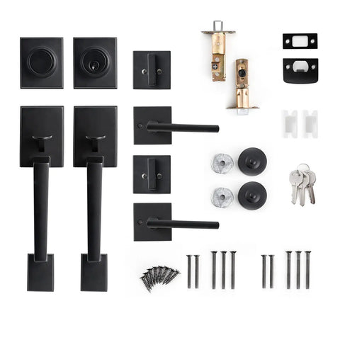 Matte Black Entry Door Lock Set With Deadbolt And Straight Handle, Easy Install Double Door Handleset For Front Doors