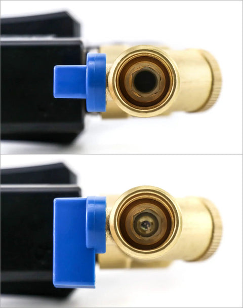 Close-up of Automatic Timed Drain Valve for Compressed Air Systems, showing brass valve with blue lever, 2 pack, half inch inlet outlet.