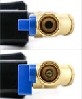 Close-up of Automatic Gas Tank Drain Valve With US Plug For Gas Tanks, Drip Legs, And Compressed Air Systems, 110V Power, Half Inch Valve Size showing brass and blue plastic components.