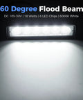 Rock Solid 6 Inch Led Flood Light Bar With 60 Degree Beam, Built Like A Tank IP67 Waterproof Aluminum Housing, Deadly Bright 6000K Cool White 18W Led Pods With Stainless Brackets, 1 Pack displaying 6 LED chips and flood beam.