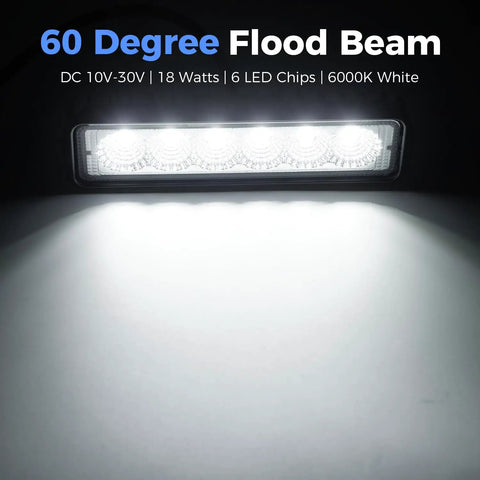 Rock Solid 6 Inch Led Flood Light Bar With 60 Degree Beam, Built Like A Tank IP67 Waterproof Aluminum Housing, Deadly Bright 6000K Cool White 18W Led Pods With Stainless Brackets, 1 Pack displaying 6 LED chips and flood beam.