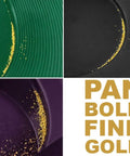 Gold particles in black, green, purple pans from Dual-Sided Gold Panning Kit With Vanishing Riffles For Maximum Gold Recovery, 3-Piece Set.