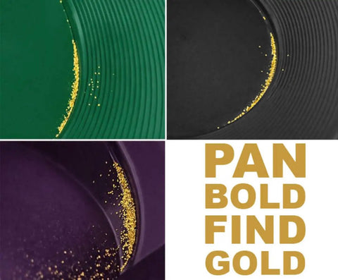 Gold particles in black, green, purple pans from Dual-Sided Gold Panning Kit With Vanishing Riffles For Maximum Gold Recovery, 3-Piece Set.