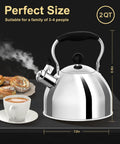 Stovetop Whistling Tea Kettle, 2 Quart Stainless Steel Pot For Tea And Coffee Lovers with cup and pastries, dimensions shown