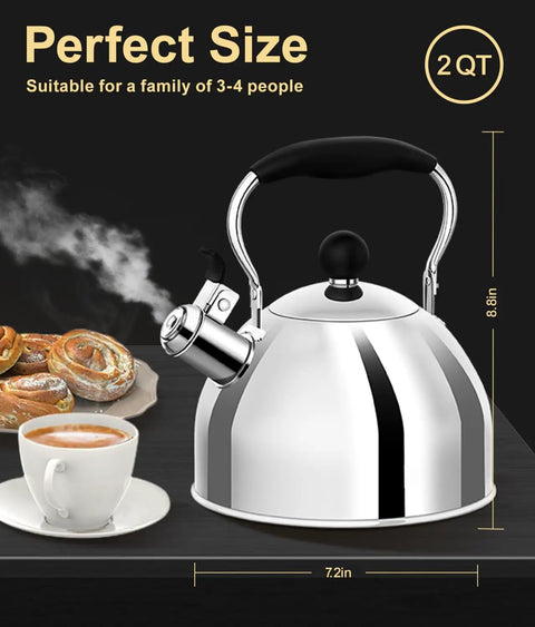 Stovetop Whistling Tea Kettle, 2 Quart Stainless Steel Pot For Tea And Coffee Lovers with cup and pastries, dimensions shown