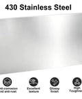 430 Stainless Steel Sheet 0.018 Inch Thick 6 By 12 Inch Precision Metal For DIY Projects Auto Home Improvement Furniture And Industrial Fabrication Built To Last Anti Rust Panel For Indoor Outdoor Use showing surface and anti-rust features.
