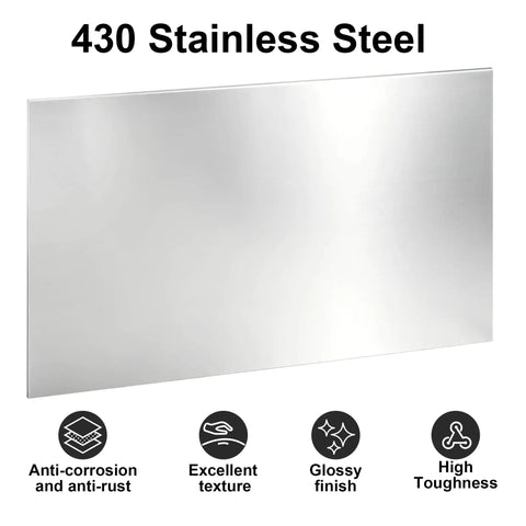 430 Stainless Steel Sheet 0.018 Inch Thick 6 By 12 Inch Precision Metal For DIY Projects Auto Home Improvement Furniture And Industrial Fabrication Built To Last Anti Rust Panel For Indoor Outdoor Use showing surface and anti-rust features.