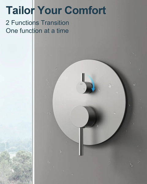 GRANDJOY 10" Wall Mount Shower System with Handheld Spray, Brushed Nickel control panel with 2 function knobs on grey wall.