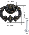 Vintage Antique Bronze Cabinet Pulls With French Provincial Style Single Hole Ring Handles, dimensions shown, 37mm base.