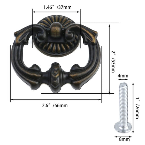 Vintage Antique Bronze Cabinet Pulls With French Provincial Style Single Hole Ring Handles, dimensions shown, 37mm base.