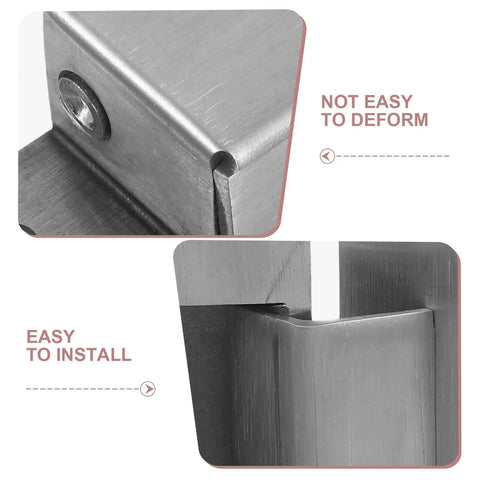 Close-up of Invisible Concealed Cabinet Door Hinges showing sturdy steel construction, labeled 'Not Easy to Deform' and 'Easy to Install'
