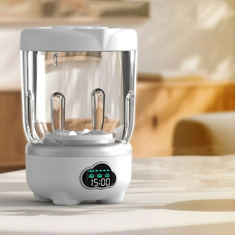 Mini Portable Washing Machine for Socks and Undies 1.6L Cordless USB Rechargeable Battery Operated Compact Washer with timer display.