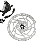 Heavy Duty Post Mount Dual Piston Mechanical Disc Brake Set With Rotors showing caliper, 160mm rotor, and mounting bolts.