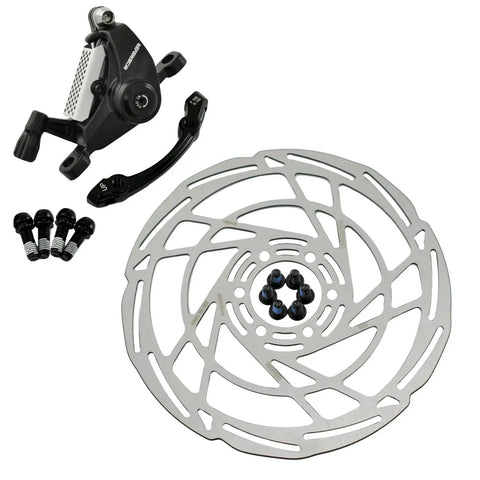 Heavy Duty Post Mount Dual Piston Mechanical Disc Brake Set With Rotors showing caliper, 160mm rotor, and mounting bolts.
