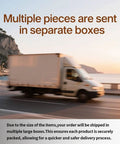 Delivery truck on coastal road with text about shipping large items in separate boxes