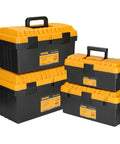 Stackable Tool Box Set Built Tough Plastic Organizer Boxes With Removable Trays For Screws, Parts And Tools, Space Saving 4 Box Nesting System For Garage, Workshop Or Home In 13, 15, 17 And 19 Inch Sizes.