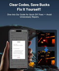 Hand holding phone displaying Bluetooth OBD2 Scanner With Bi-Directional Control For iOS And Android, dashboard diagnostics