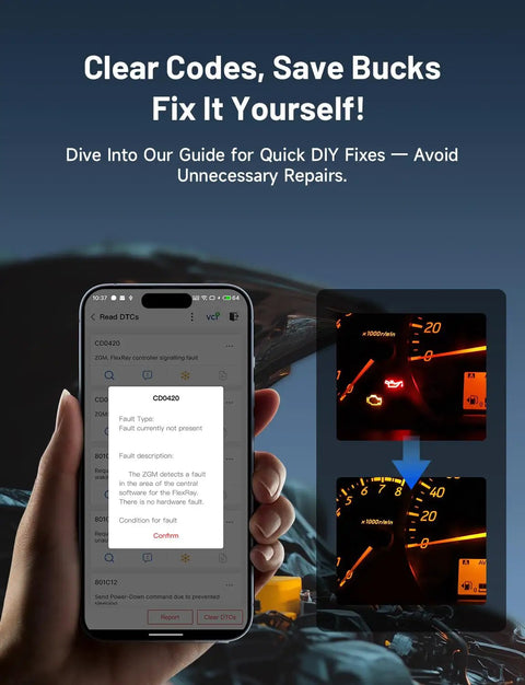 Hand holding phone displaying Bluetooth OBD2 Scanner With Bi-Directional Control For iOS And Android, dashboard diagnostics
