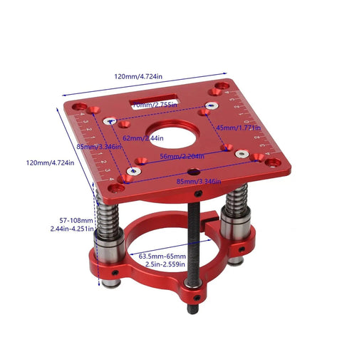 Heavy Duty Aluminum Router Lift Base With Precision Router Table Insert Plate For Woodworking Table Saw And Trimmer Machine, red with measurements