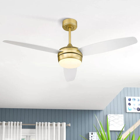 Modern Gold Ceiling Fan With Remote And LED Light 52 Inch Indoor Outdoor Ceiling Fan With 3 White Blades Dual Mount