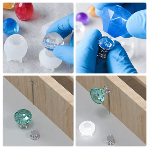 Straight Fire Diy Resin Cabinet Knob Mold Kit For Making Custom Epoxy Drawer Pulls With Polygonal Styles Plus Twenty Four Bases And Thirty Millimeter Screws Gonna Elevate Your Workspace, showing molds and custom knobs.