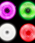 Light Up Inline Skate Wheels 4 Pack With Bearings For Rollerblades 60mm To 110mm Size Range Durable 90A PU White Luminous Flash Replacement Wheel Set High Visibility Glow Smooth Spin Ideal For Skating Enthusiasts, showing glowing pink, green, white, and red wheels on a black background.