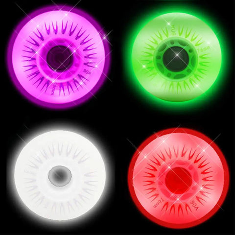 Light Up Inline Skate Wheels 4 Pack With Bearings For Rollerblades 60mm To 110mm Size Range Durable 90A PU White Luminous Flash Replacement Wheel Set High Visibility Glow Smooth Spin Ideal For Skating Enthusiasts, showing glowing pink, green, white, and red wheels on a black background.