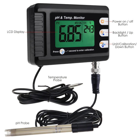 2 In 1 pH And Temperature Meter With ATC Dual Display Water Quality Tester displaying pH 6.85 and temperature 24.3°C
