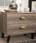 Wooden nightstand with drawers featuring Six Pack 3 Inch Antique Brass Cabinet Cup Pulls With Hand Hammered Texture And Smooth Curved Edges.