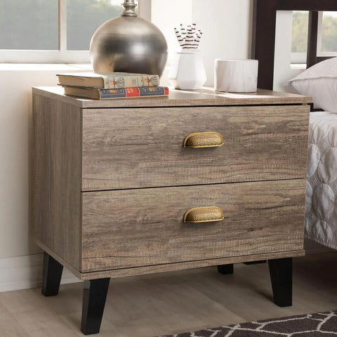 Wooden nightstand with drawers featuring Six Pack 3 Inch Antique Brass Cabinet Cup Pulls With Hand Hammered Texture And Smooth Curved Edges.