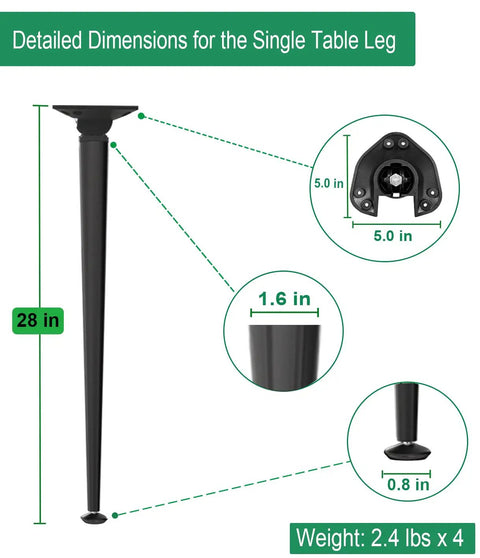 Diagram of 28 Inch Folding Table Legs Set Of 4 In Matte Black Beefy Heavy Duty Steel With Foldable Design showing measurements.