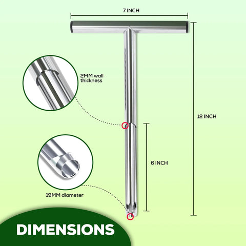 Stainless Steel Soil Probe Sampler Kit, Heavy Duty 12 Inch Handheld Soil Sampling Tool dimensions and close-up detail.