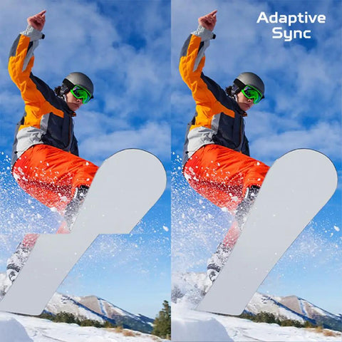 Side-by-side comparison of snowboarding action with and without Adaptive Sync technology showing smoother graphics.