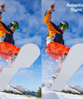 Adaptive Sync technology demonstration with snowboarder in orange gear on a snowy mountain with clear blue sky.