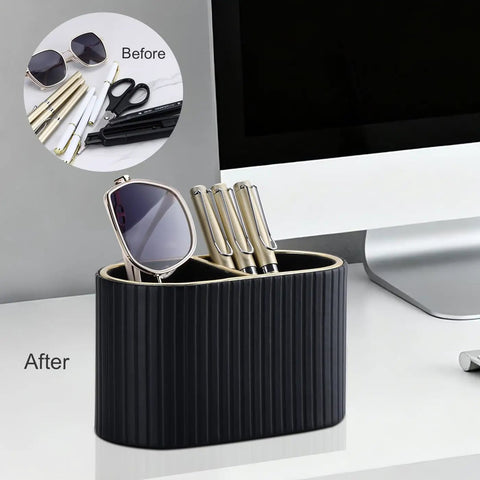 PU Leather Desk Organizer Pen Holder With Dual Compartment Pencil Cup And Remote Control Storage for tidy desk setup