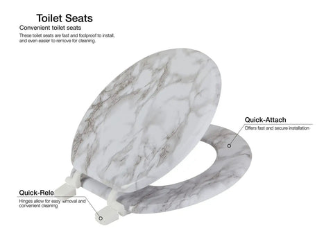 Round Toilet Seat With Easy Clean And Change Hinge Molded Wooden Comfort In Gray Durable Wood Core For An Elegant Or Rustic Look Fits Most Round Bowls From 15.3 To 17.1 Inches Easy Install with marble pattern