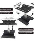 Universal RC Car Stand With 360 Degree Rotation And Adjustable Height For Traxxas Arrma Redcat Axial RC4WD Losi And More With Pro Grade Build For 1 Eighth 1 Tenth 1 Twelfth And 1 Sixteenth Scale Crawlers Trucks Buggies Easy Repair Stand Black showing dimensions and adjustability features.