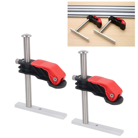 Two Pack Hold Down Clamp Set With Quick Release Bench Dog Clamp For Woodworking, Stainless Steel, Non Slip Grip, on table and grooves