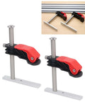 Two Pack Pro Grade Stainless Steel Quick Release Hold Down Clamps For Woodworking With Non Slip Grip on table and T-slots.