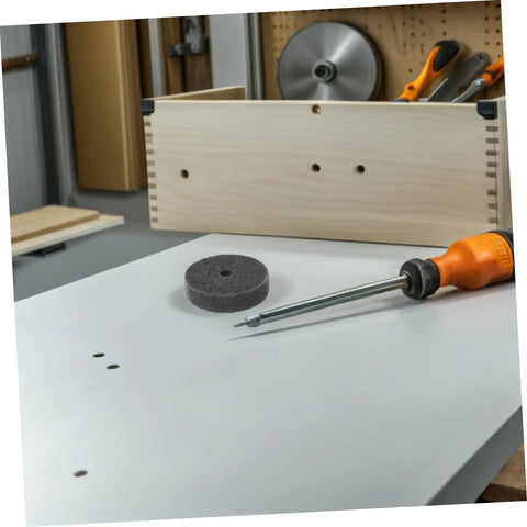 Premium Nylon Polishing Wheels With 10mm Hole Six Pack For Bench Grinder and Car Detailing Tools on workbench next to screwdriver.