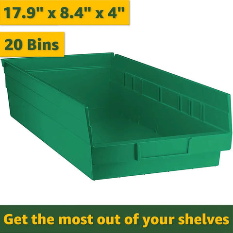 Built Like A Tank 18X36X74 Inch Garage Storage Metal Rack With Twenty Smart Plastic Green Totes showing a green bin, 17.9x8.4x4 inches.