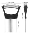 Hendiy onion slicer and potato cutter set; black-handled onion holder with stainless steel prongs plus separate handheld cutter