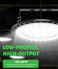 Close-up of 20-Pack 200W UFO LED High Bay Lights, 20,000 Lumens, 5000K Daylight, 120V in operation, showcasing design and brightness.