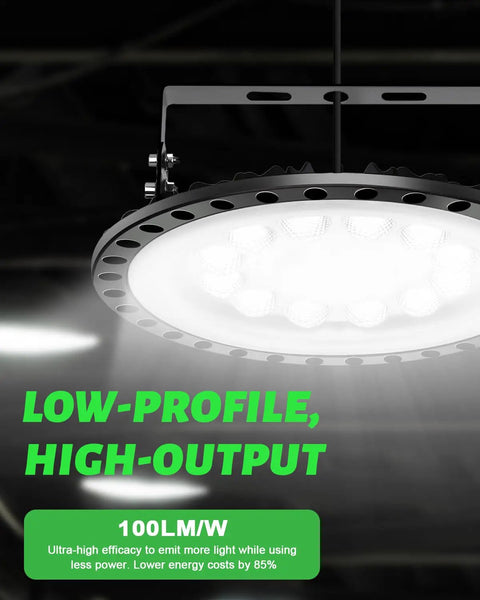 Close-up of 20-Pack 200W UFO LED High Bay Lights, 20,000 Lumens, 5000K Daylight, 120V in operation, showcasing design and brightness.
