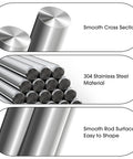 304 stainless steel rods, 12 in, silver; front: cross-section; side: round shafts in bundle; close-up: smooth surface
