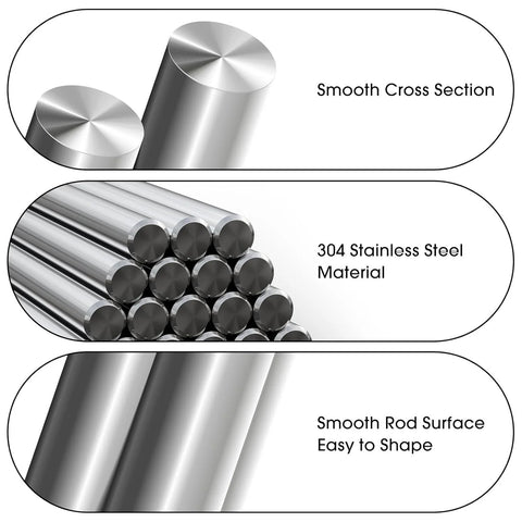 304 stainless steel rods, 12 in, silver; front: cross-section; side: round shafts in bundle; close-up: smooth surface